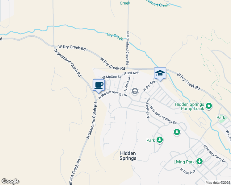 map of restaurants, bars, coffee shops, grocery stores, and more near 5771 West Hidden Springs Drive in Boise