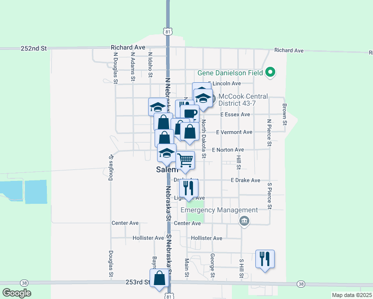 map of restaurants, bars, coffee shops, grocery stores, and more near 201 North Main Street in Salem