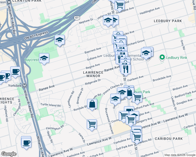 map of restaurants, bars, coffee shops, grocery stores, and more near in Toronto