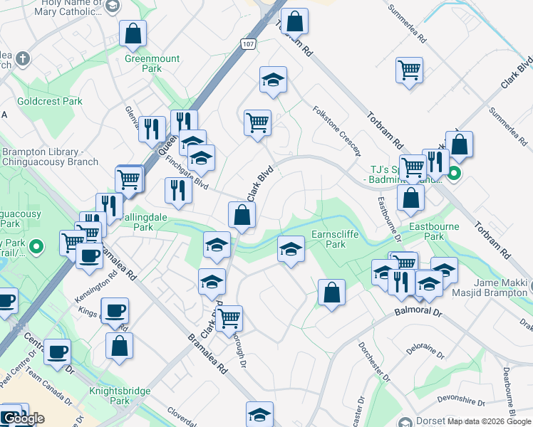 map of restaurants, bars, coffee shops, grocery stores, and more near 4 Elrose Road in Brampton
