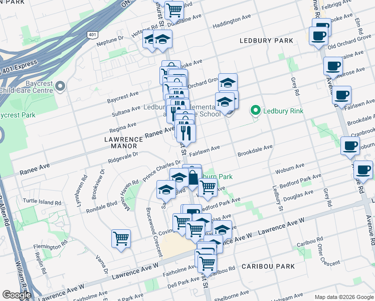 map of restaurants, bars, coffee shops, grocery stores, and more near 3323 Bathurst Street in Toronto