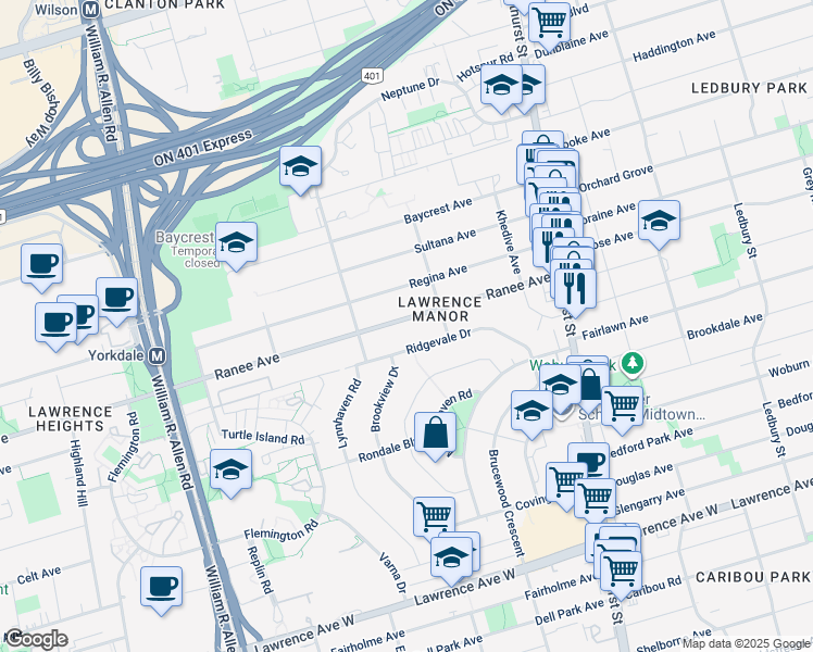 map of restaurants, bars, coffee shops, grocery stores, and more near in Toronto