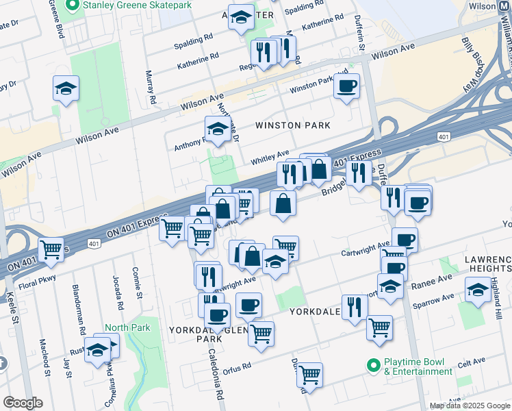 map of restaurants, bars, coffee shops, grocery stores, and more near 174 Bridgeland Avenue in Toronto