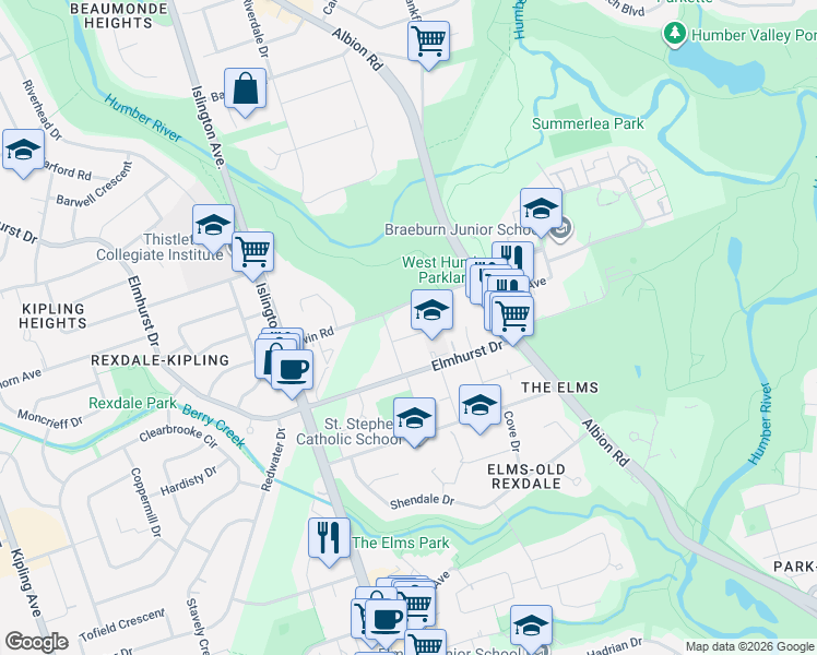 map of restaurants, bars, coffee shops, grocery stores, and more near 8 Newlove Court in Toronto