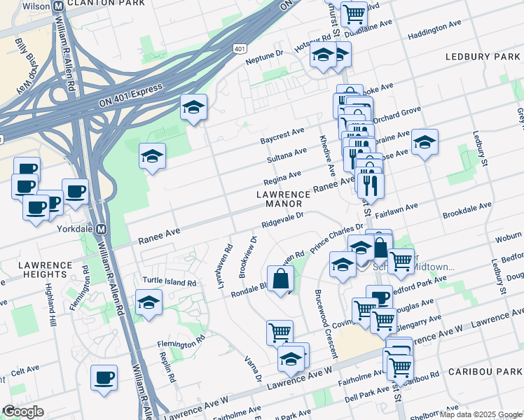 map of restaurants, bars, coffee shops, grocery stores, and more near 97 Ranee Avenue in Toronto