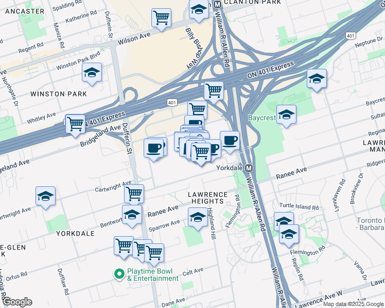 map of restaurants, bars, coffee shops, grocery stores, and more near 3401 Dufferin Street in Toronto