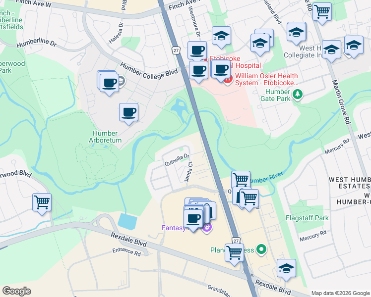 map of restaurants, bars, coffee shops, grocery stores, and more near 95 Triple Crown Avenue in Toronto
