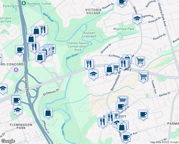 map of restaurants, bars, coffee shops, grocery stores, and more near 4 Credit Union Drive in Toronto