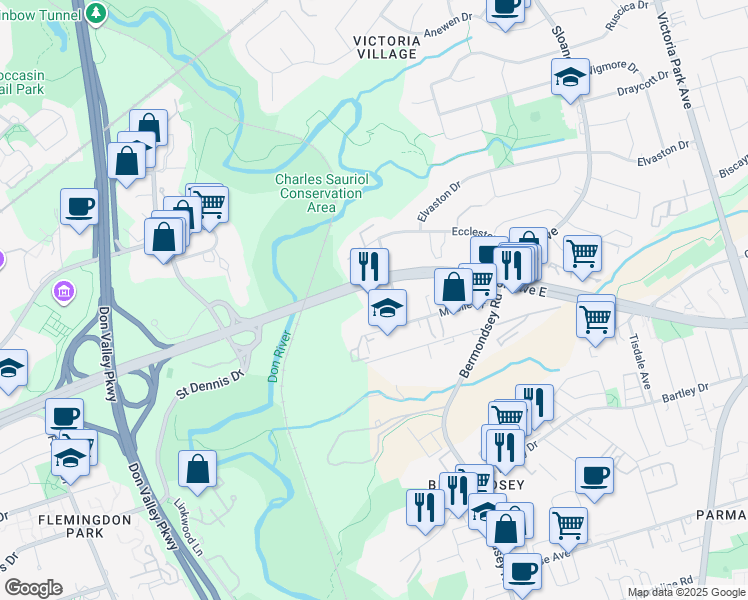 map of restaurants, bars, coffee shops, grocery stores, and more near 4 Credit Union Drive in Toronto