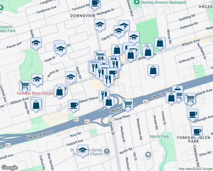 map of restaurants, bars, coffee shops, grocery stores, and more near 2737 Keele Street in Toronto