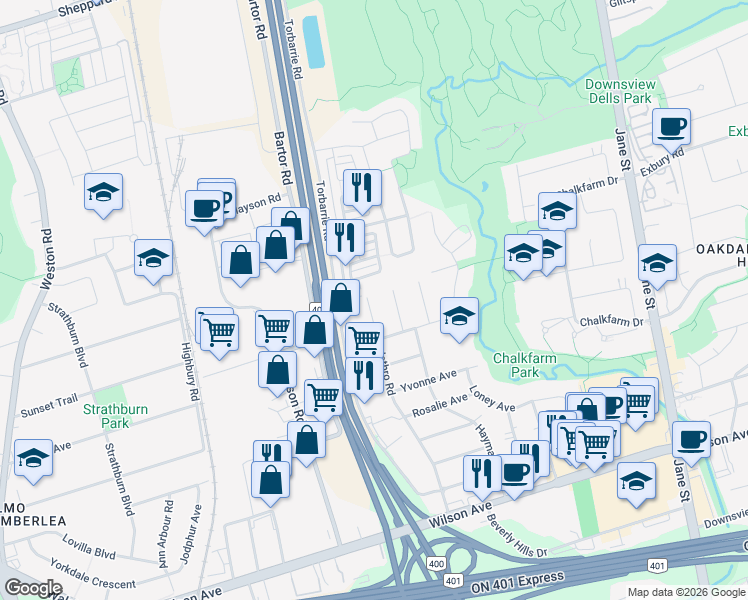 map of restaurants, bars, coffee shops, grocery stores, and more near 111 Jethro Road in Toronto