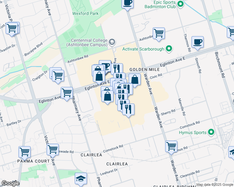 map of restaurants, bars, coffee shops, grocery stores, and more near 1901 Eglinton Avenue East in Toronto
