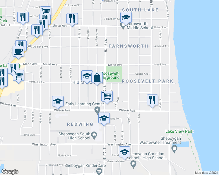 map of restaurants, bars, coffee shops, grocery stores, and more near 2731 South 11th Place in Sheboygan