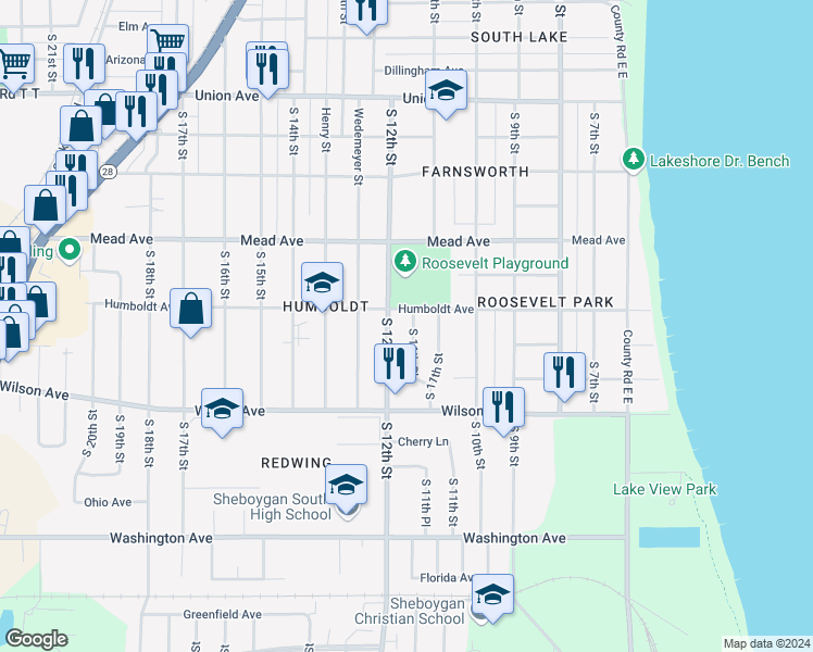 map of restaurants, bars, coffee shops, grocery stores, and more near 2714 South 11th Place in Sheboygan