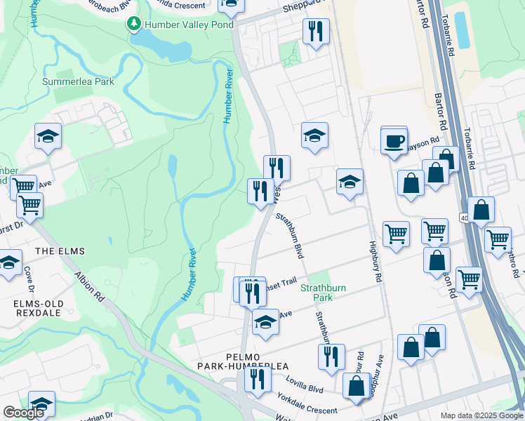 map of restaurants, bars, coffee shops, grocery stores, and more near 2934 Weston Road in Toronto