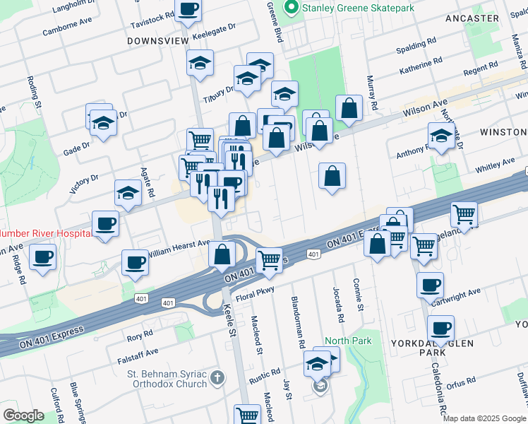 map of restaurants, bars, coffee shops, grocery stores, and more near 115 George Appleton Way in Toronto