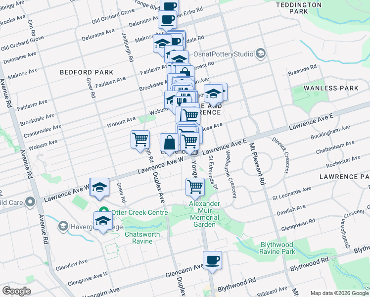 map of restaurants, bars, coffee shops, grocery stores, and more near 3082 Yonge Street in Toronto