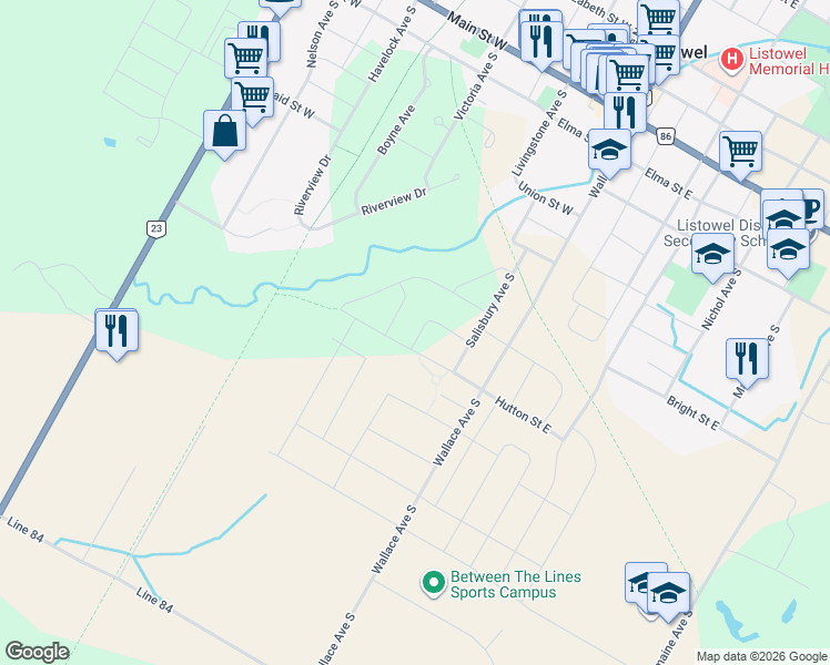 map of restaurants, bars, coffee shops, grocery stores, and more near 291 Bamford Drive in Listowel