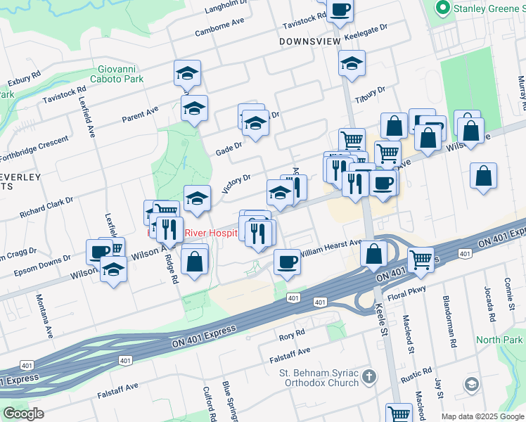 map of restaurants, bars, coffee shops, grocery stores, and more near in Toronto