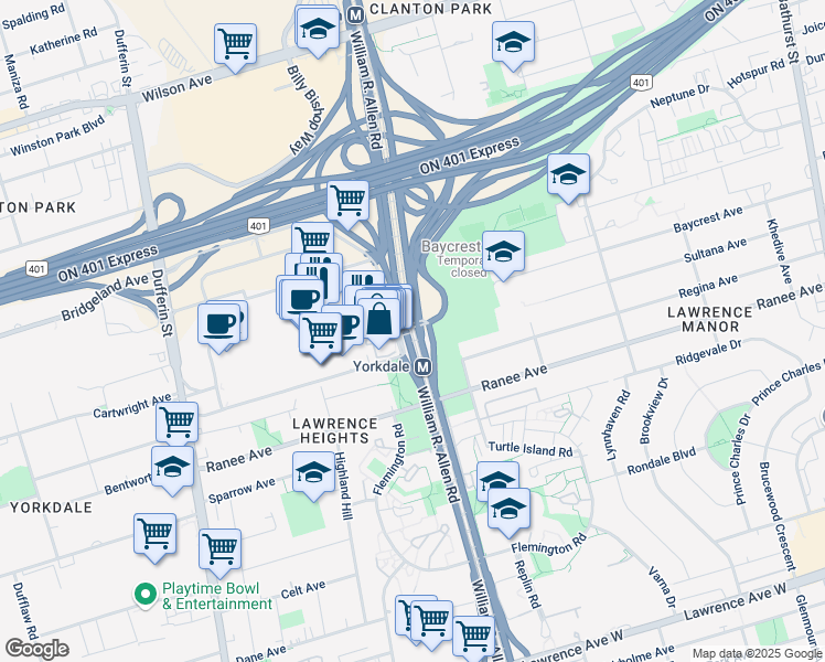 map of restaurants, bars, coffee shops, grocery stores, and more near 1 Yorkdale Road in Toronto