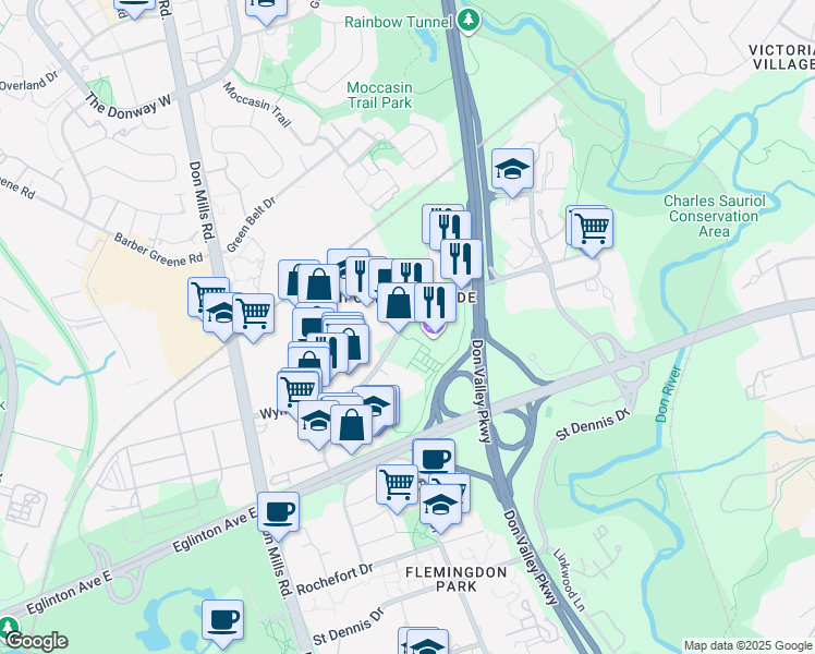map of restaurants, bars, coffee shops, grocery stores, and more near 75 Wynford Drive in Toronto