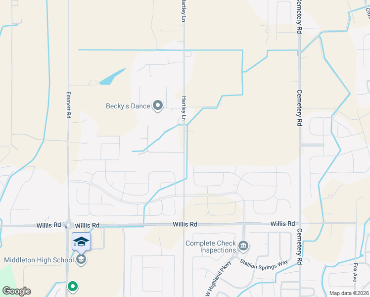 map of restaurants, bars, coffee shops, grocery stores, and more near 24402 Hartley Lane in Middleton
