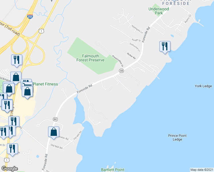 map of restaurants, bars, coffee shops, grocery stores, and more near 159 Foreside Road in Falmouth