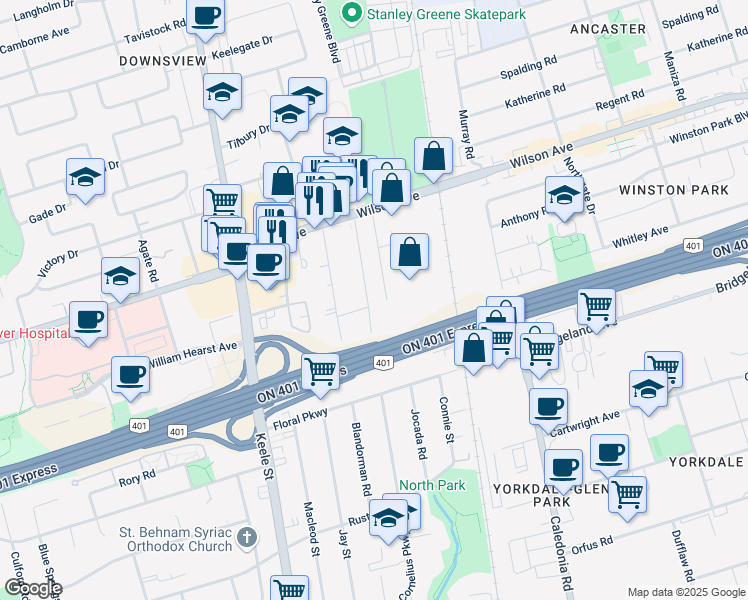 map of restaurants, bars, coffee shops, grocery stores, and more near 269 Cornelius Parkway in Toronto