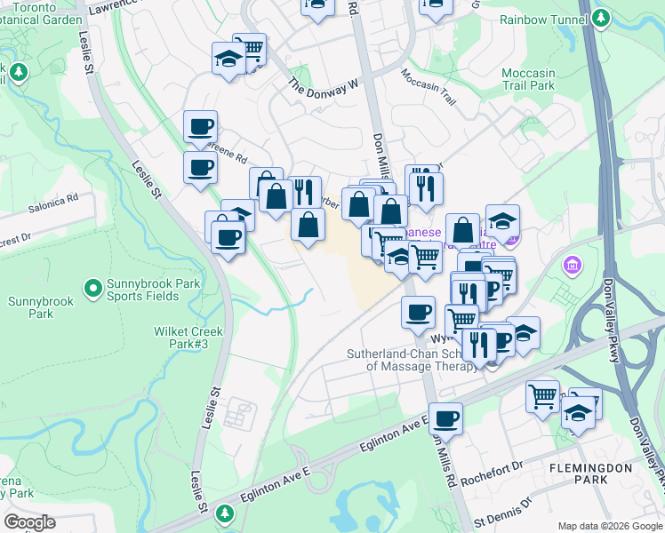 map of restaurants, bars, coffee shops, grocery stores, and more near 23 Prince Andrew Place in Toronto