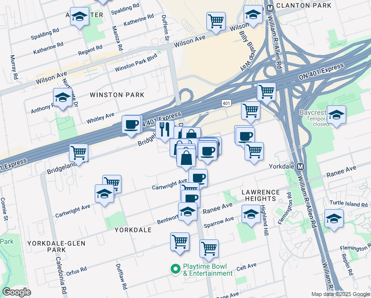 map of restaurants, bars, coffee shops, grocery stores, and more near 3416 Dufferin Street in Toronto