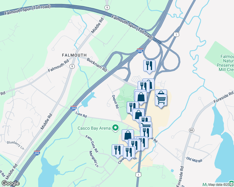 map of restaurants, bars, coffee shops, grocery stores, and more near 76 Depot Road in Falmouth