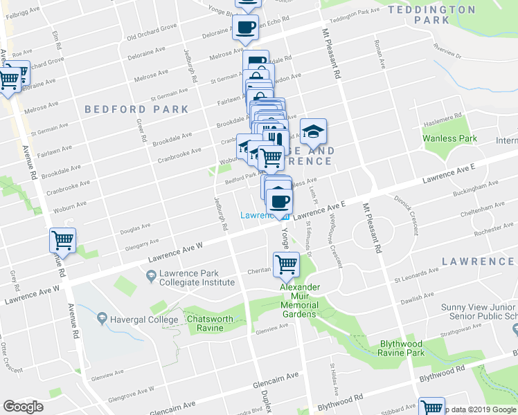 map of restaurants, bars, coffee shops, grocery stores, and more near in Toronto
