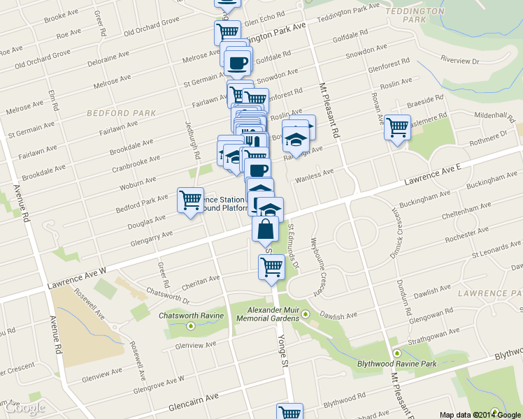 map of restaurants, bars, coffee shops, grocery stores, and more near 3082 Yonge Street in Toronto