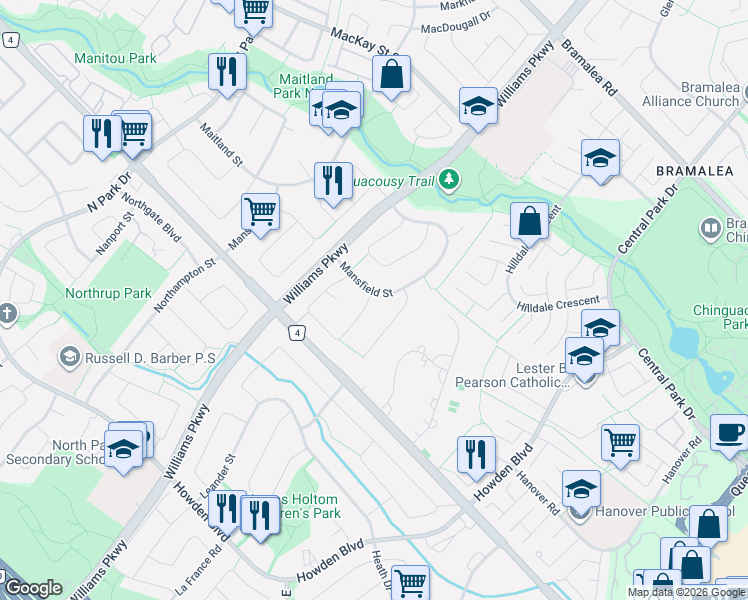map of restaurants, bars, coffee shops, grocery stores, and more near 18 Mansfield Street in Brampton