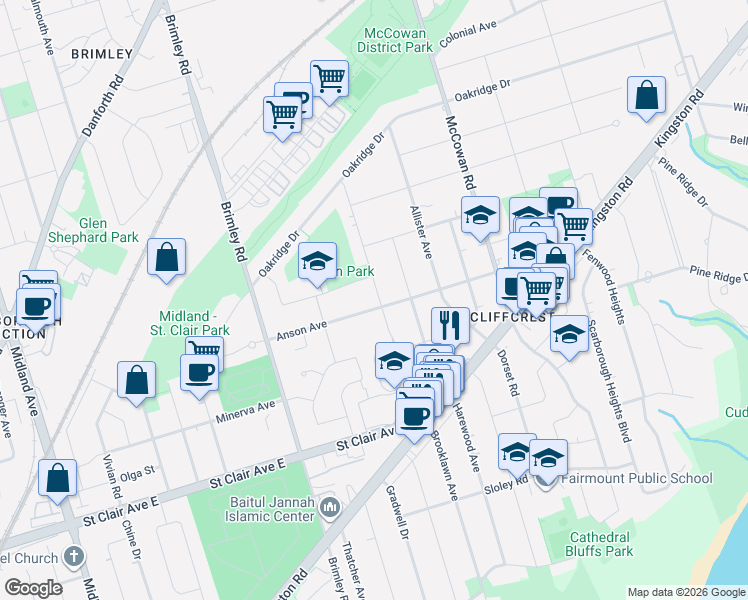 map of restaurants, bars, coffee shops, grocery stores, and more near in Toronto