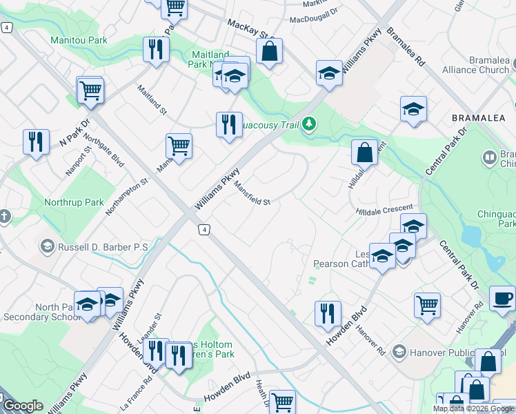 map of restaurants, bars, coffee shops, grocery stores, and more near 18 Mansfield Street in Brampton