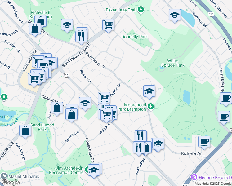 map of restaurants, bars, coffee shops, grocery stores, and more near in Brampton