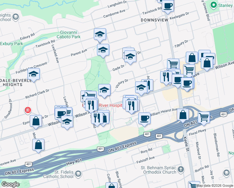 map of restaurants, bars, coffee shops, grocery stores, and more near in Toronto