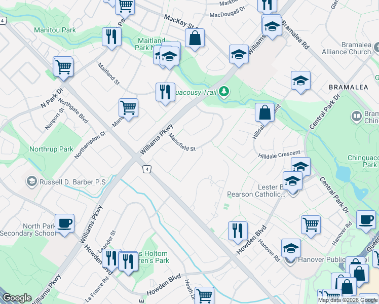 map of restaurants, bars, coffee shops, grocery stores, and more near 42 Madras Place in Brampton