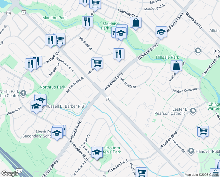 map of restaurants, bars, coffee shops, grocery stores, and more near 45 Milford Crescent in Brampton