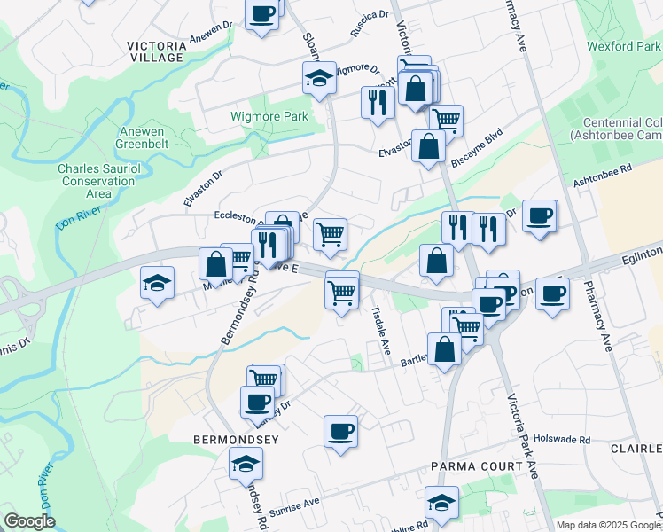 map of restaurants, bars, coffee shops, grocery stores, and more near 1730 Eglinton Avenue East in Toronto