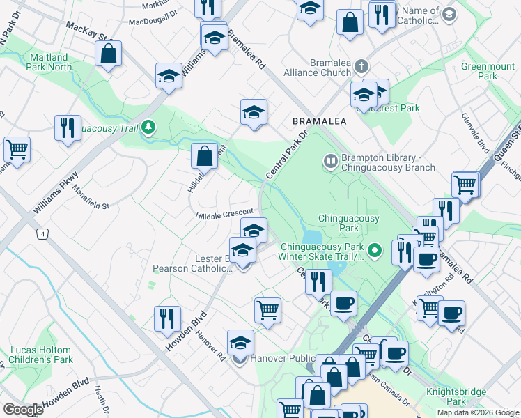 map of restaurants, bars, coffee shops, grocery stores, and more near Central Park Dr & Hilldale Crescent in Brampton