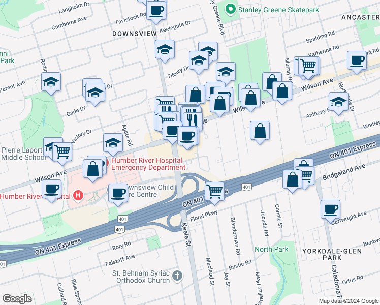 map of restaurants, bars, coffee shops, grocery stores, and more near 1077 Wilson Avenue in Toronto