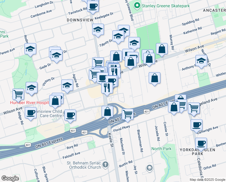 map of restaurants, bars, coffee shops, grocery stores, and more near 2737 Keele Street in Toronto