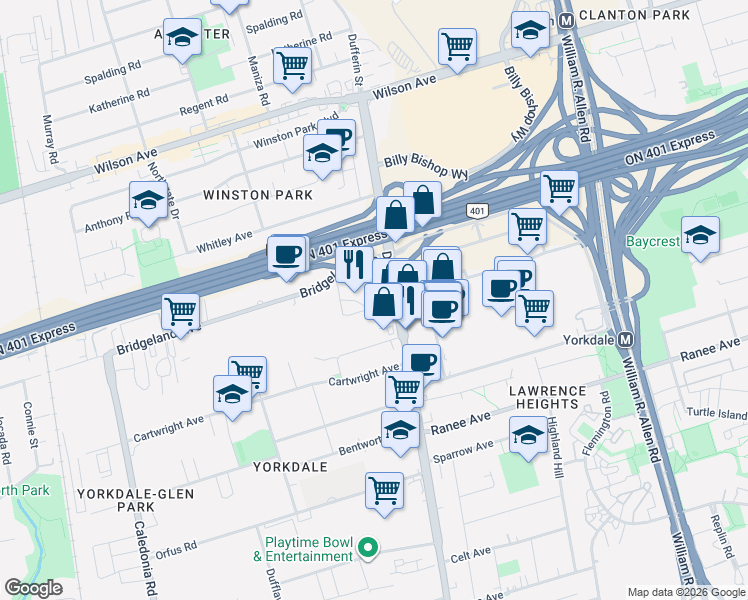 map of restaurants, bars, coffee shops, grocery stores, and more near 5 York Garden Way in Toronto