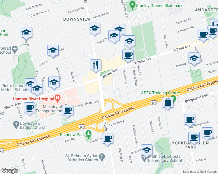 map of restaurants, bars, coffee shops, grocery stores, and more near 1077 Wilson Avenue in Toronto