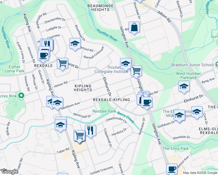 map of restaurants, bars, coffee shops, grocery stores, and more near 164 Elmhurst Drive in Toronto