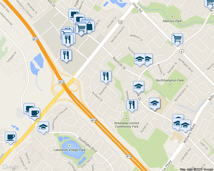 map of restaurants, bars, coffee shops, grocery stores, and more near 44 Napanee Street in Brampton