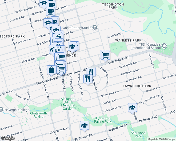 map of restaurants, bars, coffee shops, grocery stores, and more near 87 Lawrence Avenue East in Toronto