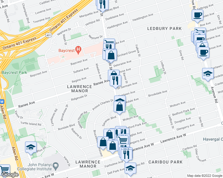 map of restaurants, bars, coffee shops, grocery stores, and more near 8 Khedive Avenue in Toronto